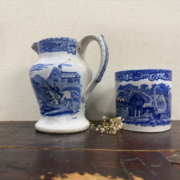 Antique Victorian Blue Transfer Jug & Pot