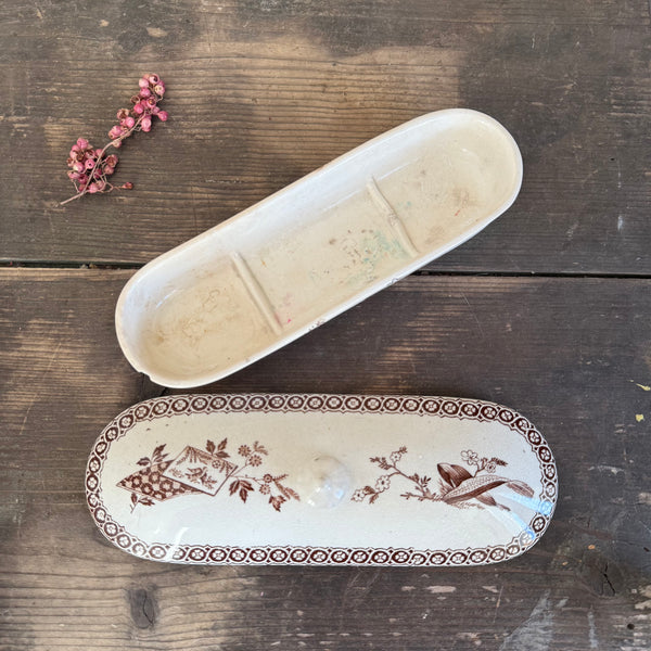 Antique White and Brown Toothbrush Dish