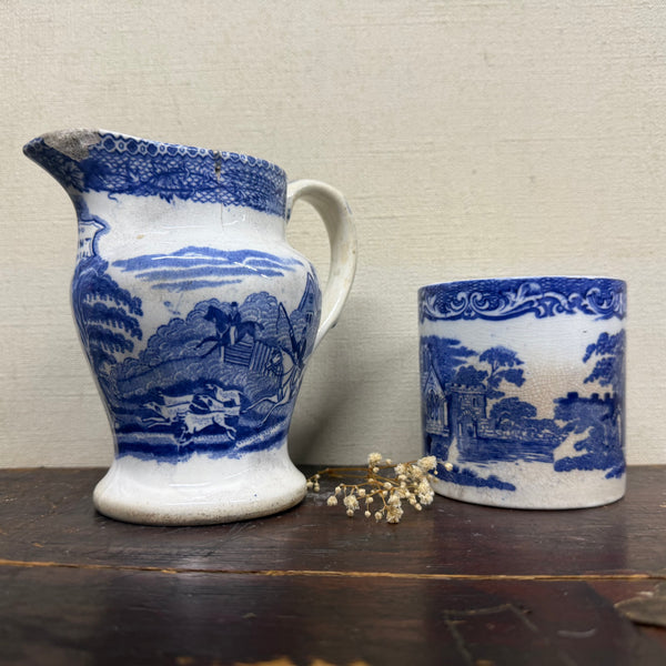 Antique Victorian Blue Transfer Jug & Pot