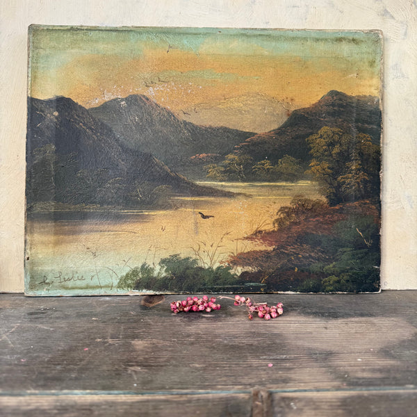 Antique Victorian Lake Painting on Canvas
