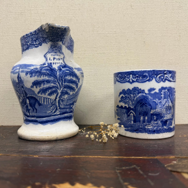 Antique Victorian Blue Transfer Jug & Pot
