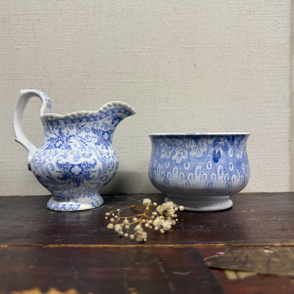 Antique Victorian Blue Transfer Jug & Pot