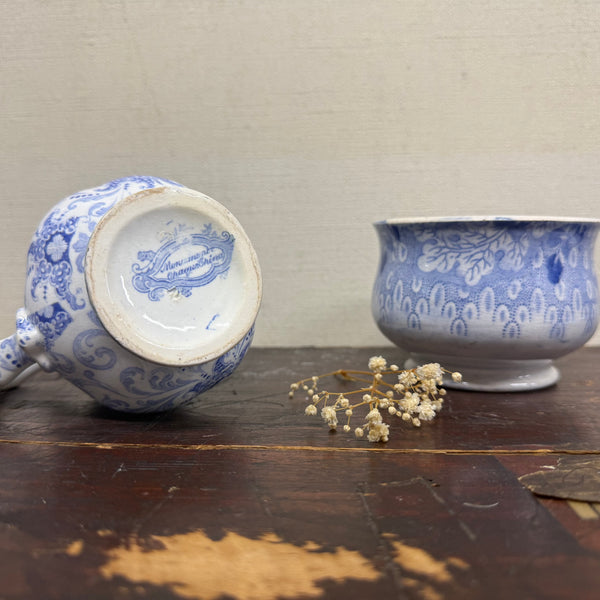 Antique Victorian Blue Transfer Jug & Pot