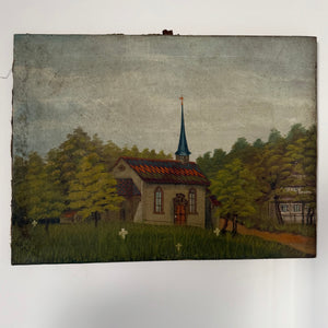 Antique French Church Painting on Canvas
