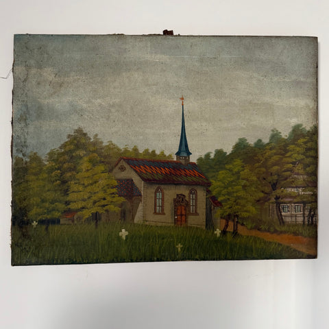 Antique French Church Painting on Canvas