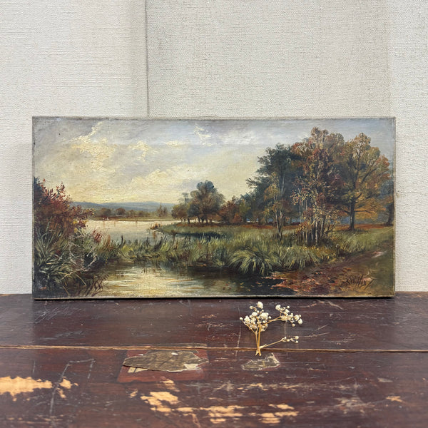 Antique Waterside Scene Painting on Canvas