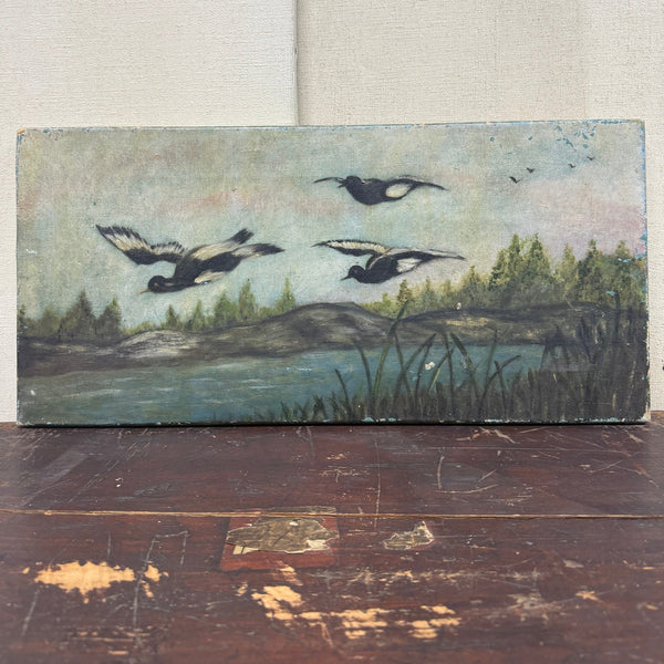 Antique Victorian Swallow Painting on Canvas