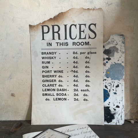 Original 1900 letterpress poster Price List