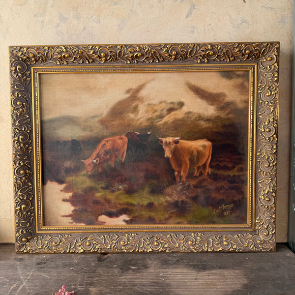 Antique 1920 Highland Cow Painting on Canvas