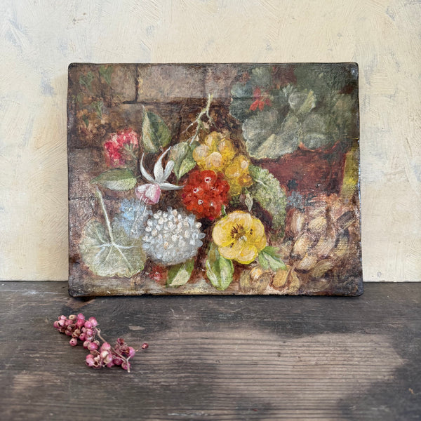 Antique Victorian Floral Painting on Canvas