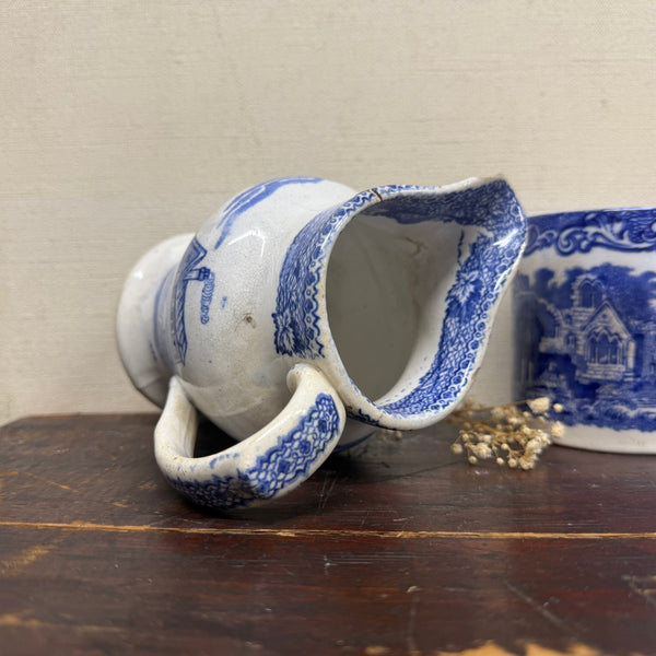 Antique Victorian Blue Transfer Jug & Pot