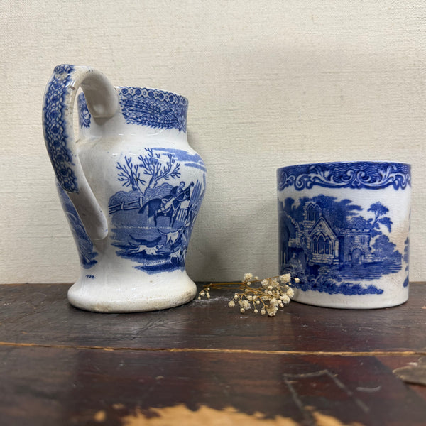 Antique Victorian Blue Transfer Jug & Pot