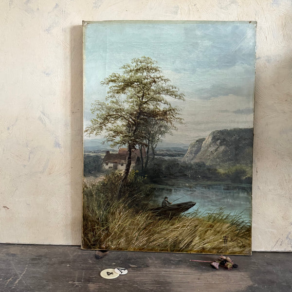 Antique Oil Lakeside Painting