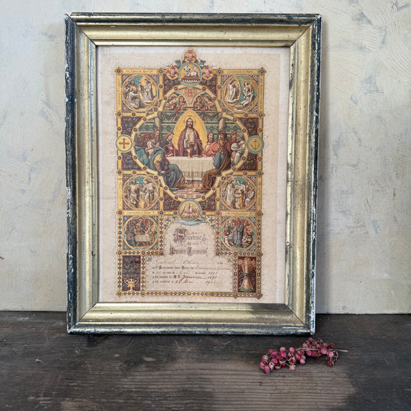 Antique French Communion Certificate Framed