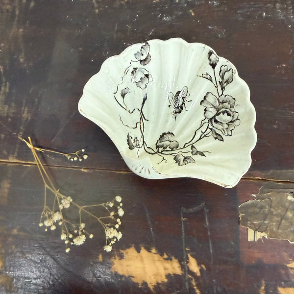 Antique Bee Transfer Floral Shell Dish