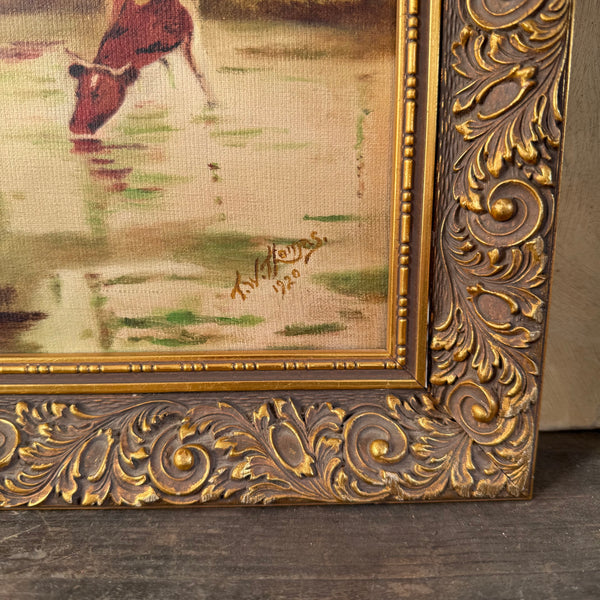 Antique 1920 Cow Painting on Canvas