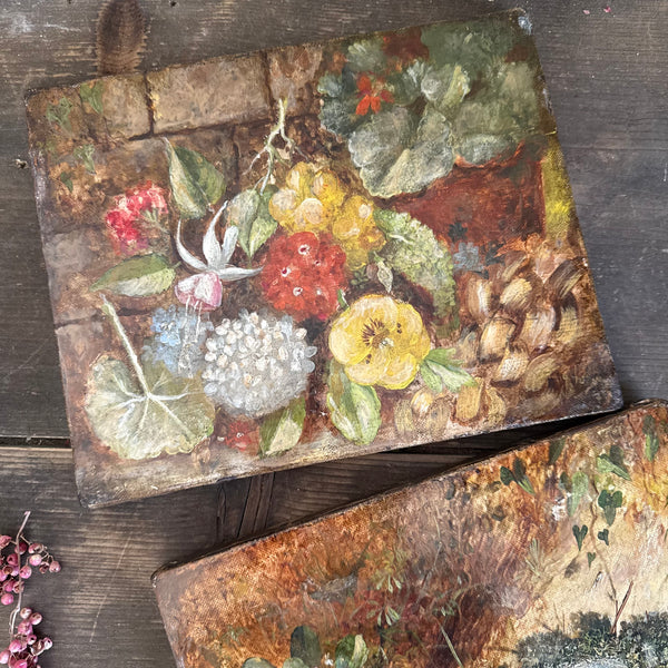 Antique Victorian Floral Painting on Canvas
