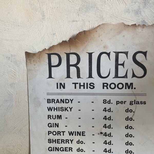 Original 1900 letterpress poster Price List