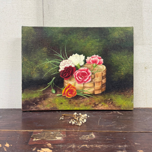 Antique Flower Basket Painting on Canvas