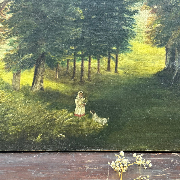 Antique Victorian Girl with Dog Painting on Canvas
