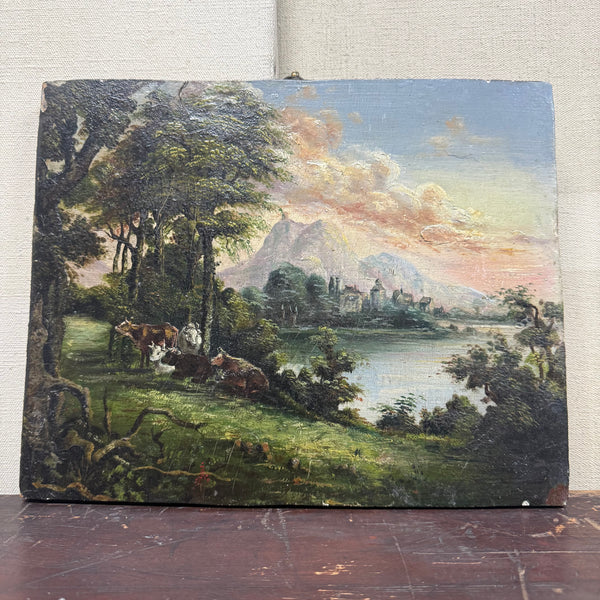 Antique Victorian Cows Painting on Wood