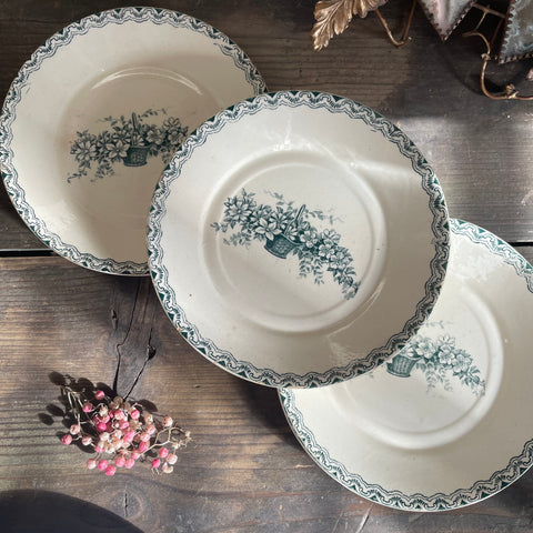 Three Antique French Floral Blue Plates