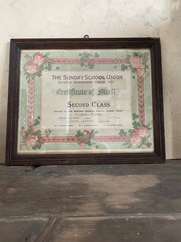 Antique Sunday School Certificate Framed