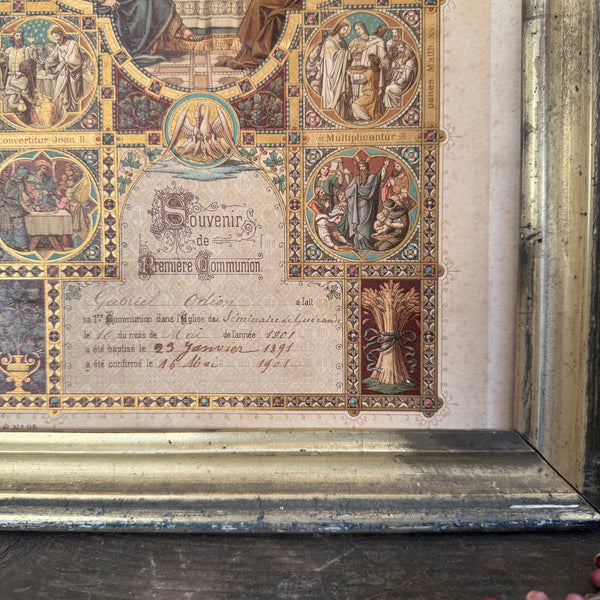 Antique French Communion Certificate Framed
