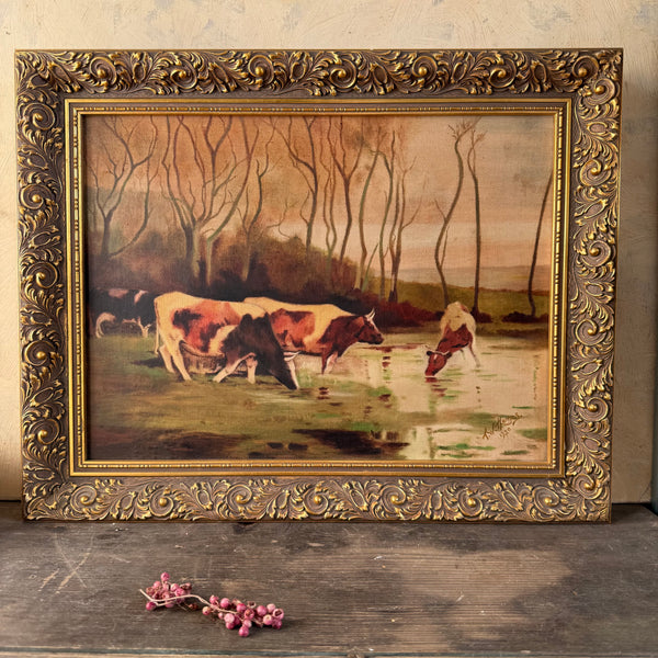 Antique 1920 Cow Painting on Canvas
