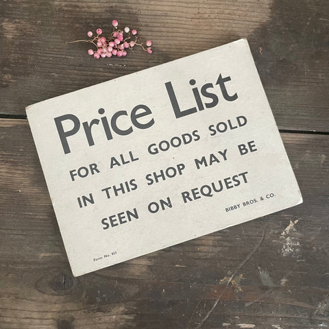 Vintage Shop Price List Sign