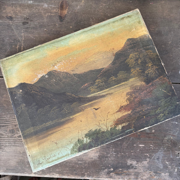 Antique Victorian Lake Painting on Canvas