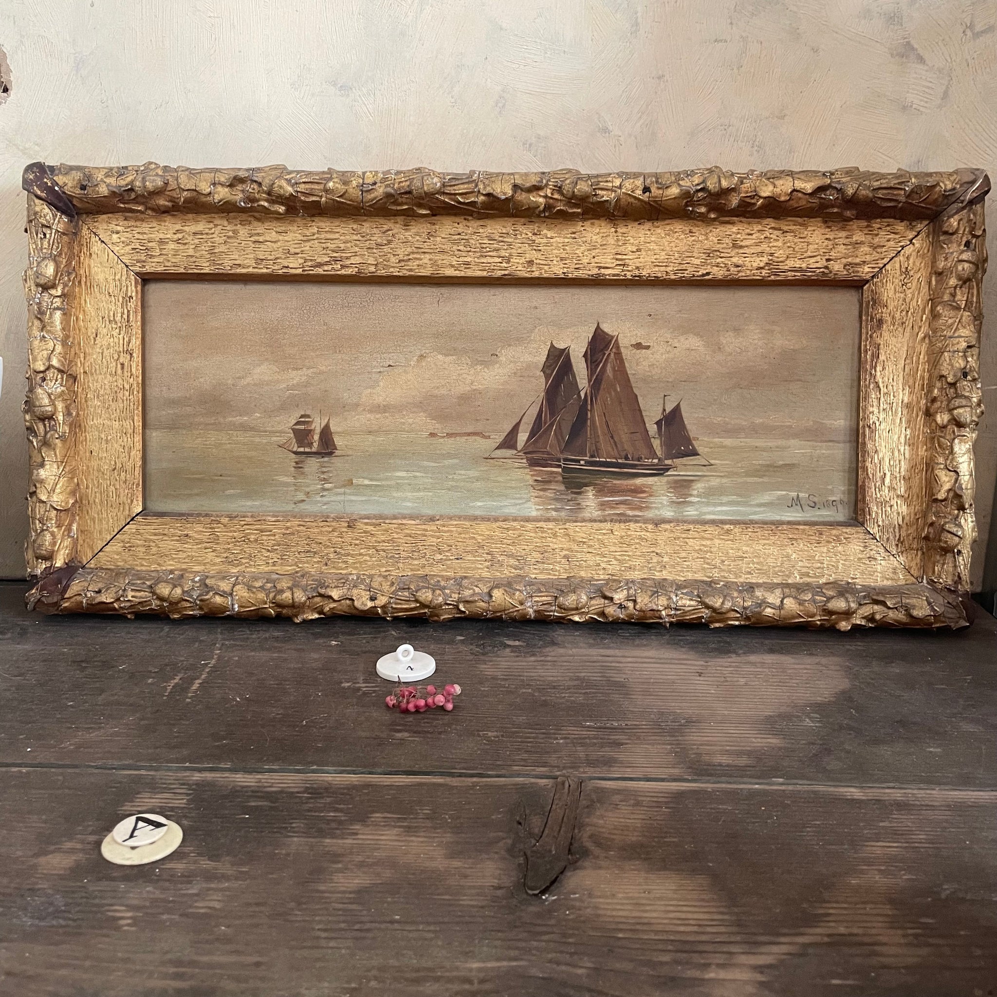 Antique 1896 Oil Boat Painting