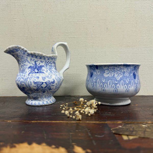 Antique Victorian Blue Transfer Jug & Pot