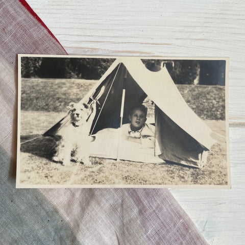 Vintage Photograph of a Boy in Tent with his Dog