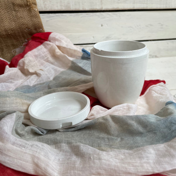 Large Antique Picnic White Pot with Lid