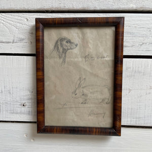 Vintage Framed Dog & Rabbit Sketch