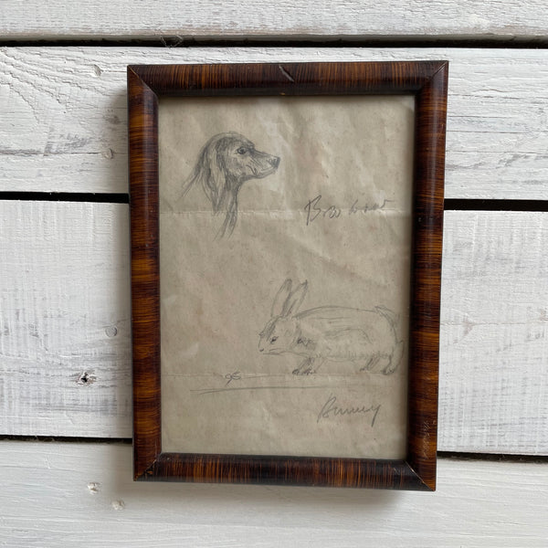 Vintage Framed Dog & Rabbit Sketch