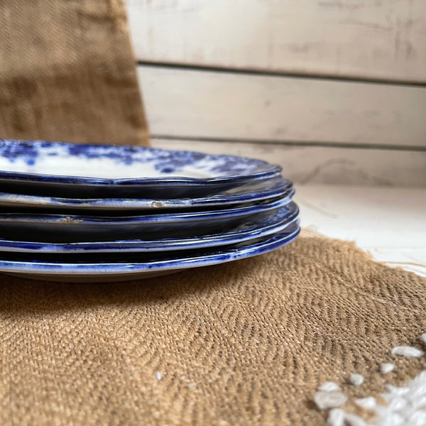 Five French Floral Blue Rimmed Plates