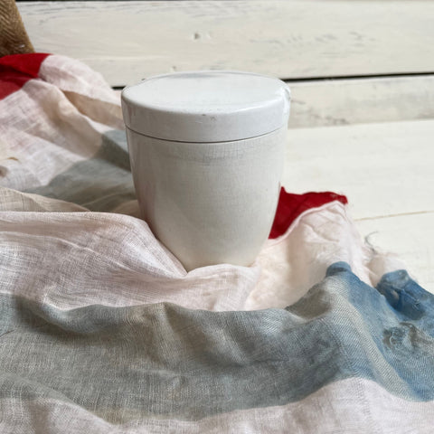 Large Antique Picnic White Pot with Lid