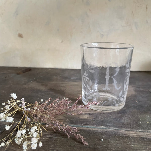 Antique Glass Etched with 'R'