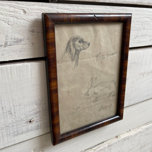 Vintage Framed Dog & Rabbit Sketch